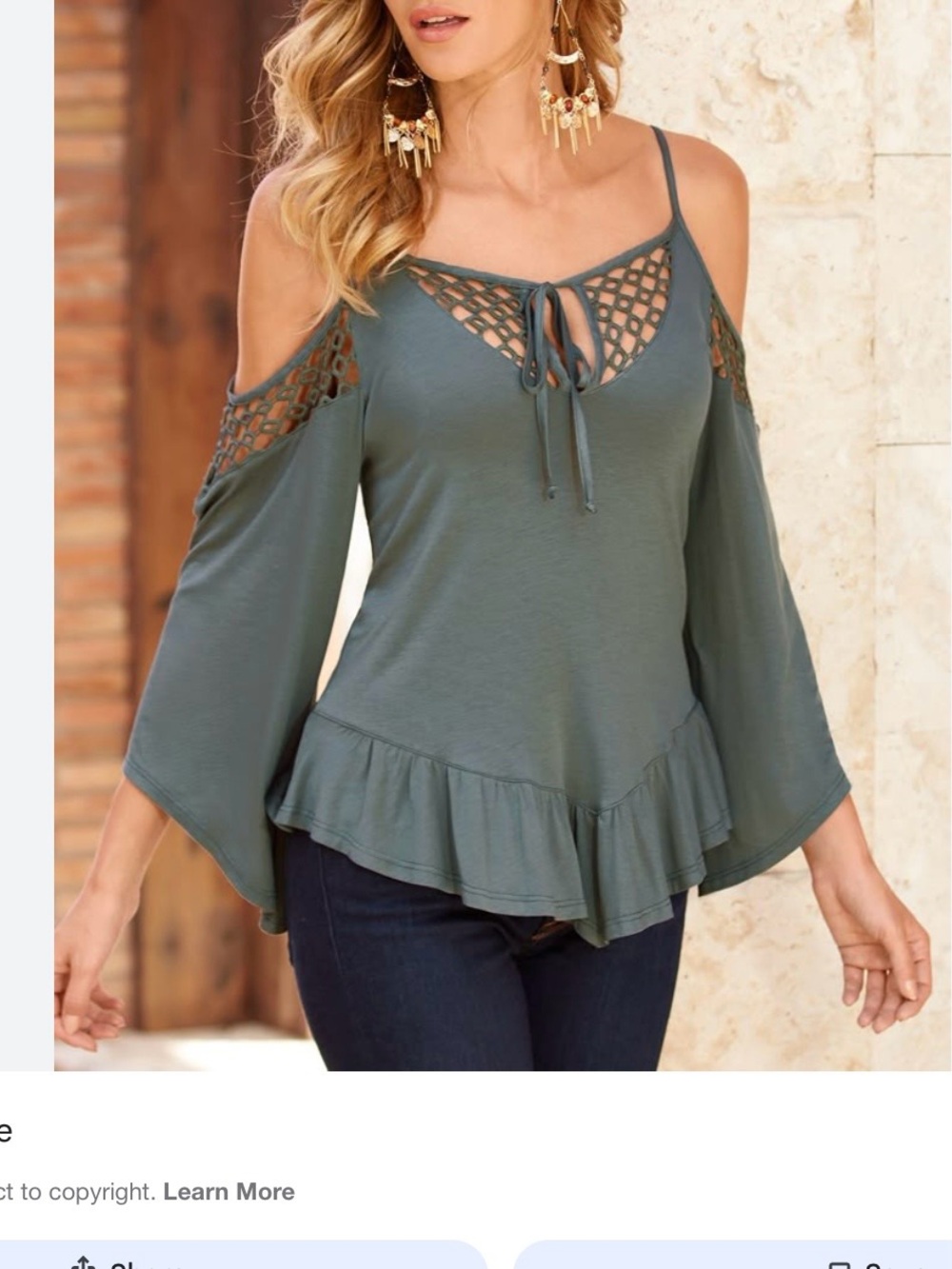 Vava by Joy Han Olive Cold-Shoulder Crochet Tie Ruffle Blouse, Boho, Coquette